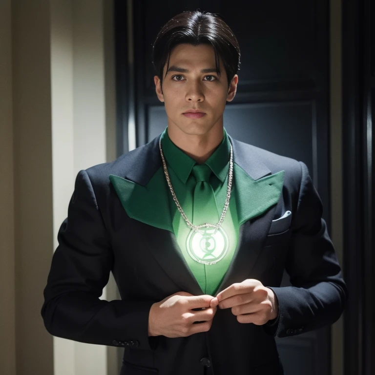 Green Lantern by DC Comics, In the fortress of solitude, Parece legal, (ultra realisticlustration), (high resolution), (8k), (Very detailed), (best illustration), (best quality), (ultra detalhado), (master part), solo, (dinamismo), Dark Studio, traje azul com bandeira do brasil
