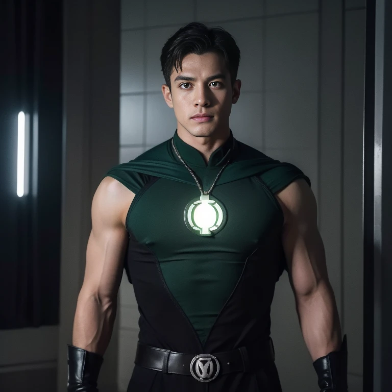 Green Lantern by DC Comics, In the fortress of solitude, Parece legal, (ultra realisticlustration), (high resolution), (8k), (Very detailed), (best illustration), (best quality), (ultra detalhado), (master part), solo, (dinamismo), Dark Studio, traje azul com bandeira do brasil , latex , full length shot , huge bulge , angle from bottom
