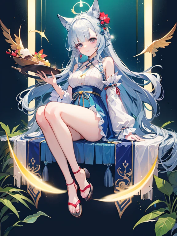 ((highest quality)), ((masterpiece)), (be familiar with), perfect face, one girl、cute、Noble、15 years old、big breasts、breasts、small face、baby face、long hair、silky hair、Habitual hair、Braid in one place、bluish silver hair、light blue kimono、Sheer clothes、summer clothes、Sleeveless kimono、extremely short bamboo miniskirt、Full body figure、つま先から頭のてっぺんまでのFull body figure、足先から頭までのFull body figure、fox ears、No underwear、Zori sandals、Focus on the person、