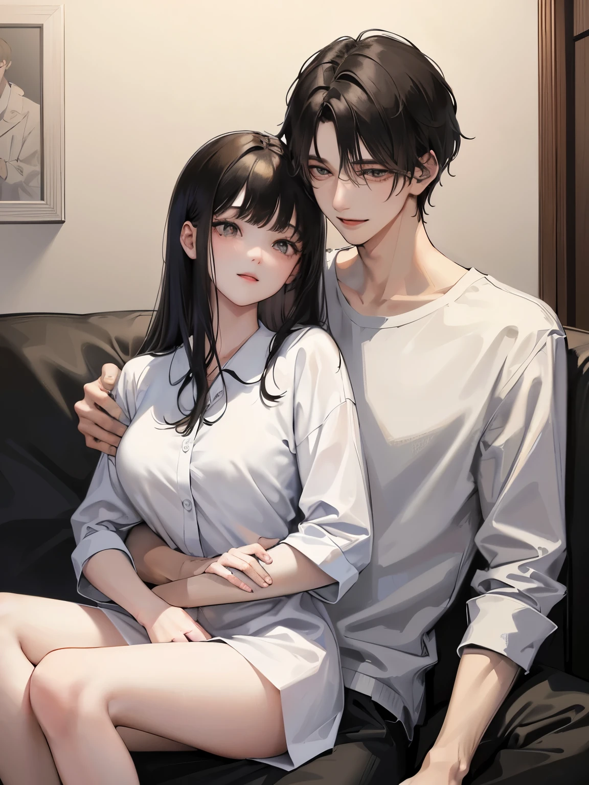 college student couple、lover、black hair girl、cute、droopy eyes、tall man、Handsome guy、detailed face、Back hug、pajamas、Girl in white、man in black、bedroom、A woman sits on a man&#39;s lap、smile