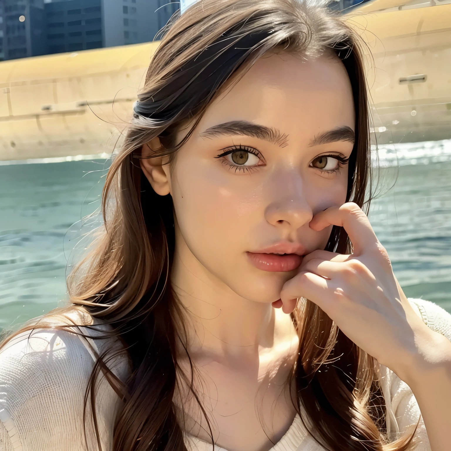 (best quality,highres), 1girl, dasha_taran, picture of dasha taran, modelling, long_hair, solo, looking_at_viewer, lips, realistic, brown_eyes, upper body, beach, beautiful detailed eyes and face, expressive emotion, vivid colors,soft lighting,dramatic atmosphere,cool color tones,blurred foreground,focused on the girl,water droplets on the skin, perfect slim and slender body, pertky tits, very attractive, european, a light-colored cardigan,