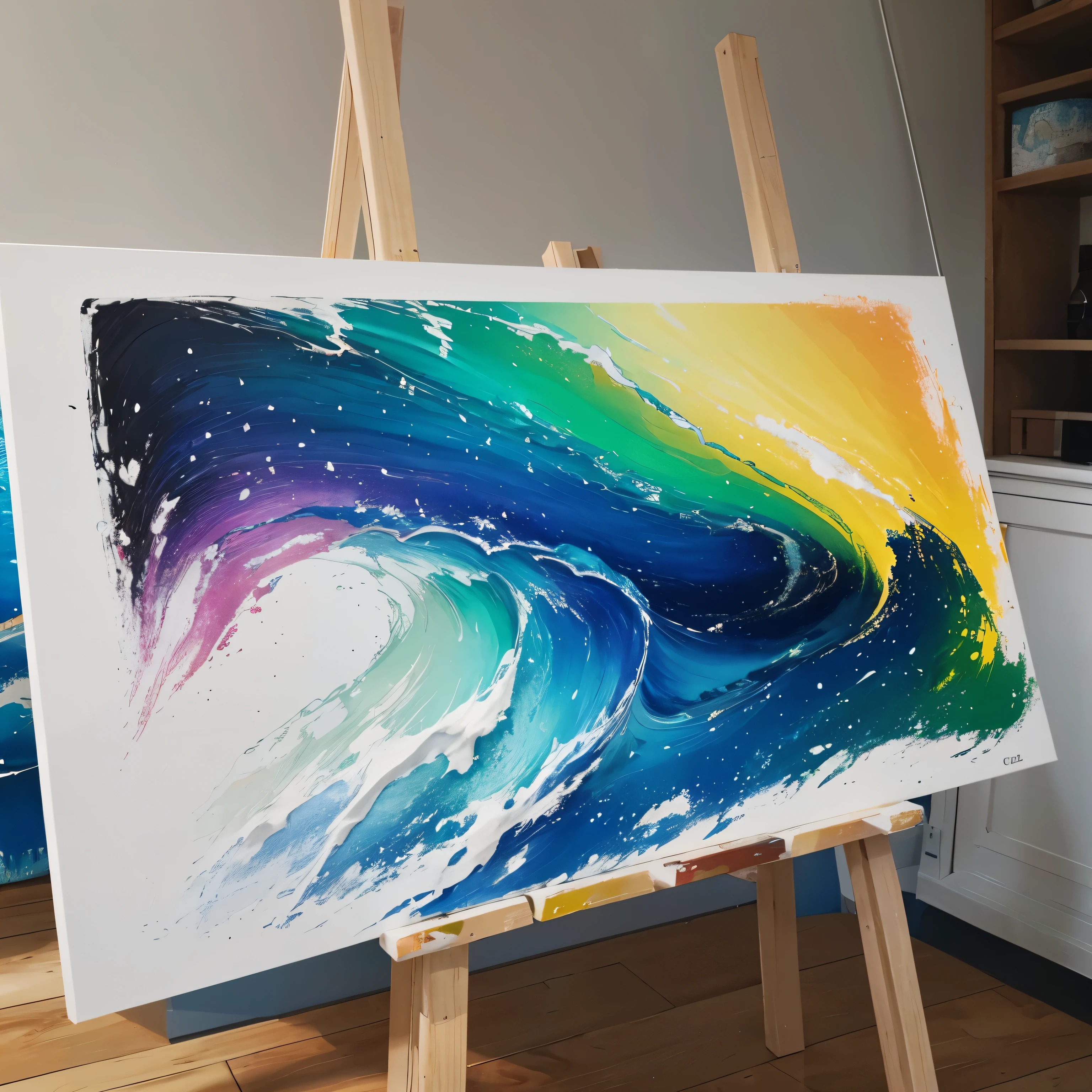 Créé un tableau de peinture avec plusieurs couleurs psychédélique, des vagues de couleurs séparés, des bulles de couleurs 