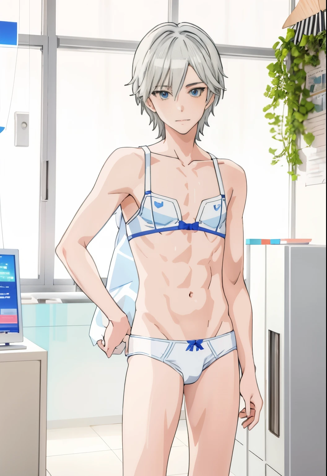 anime boy, Short silver-haired boy, Blue-eyed boy, In underwear, solo, seductive anime boy, white bra, white panties, just underwear, on pixiv, attractive anime boy, Bra and panties only, casual pose, Small curves , on pixiv高評価, anime moe art style, bra with an white, panty with an white, (anime boy), a teasing smile, male focus,