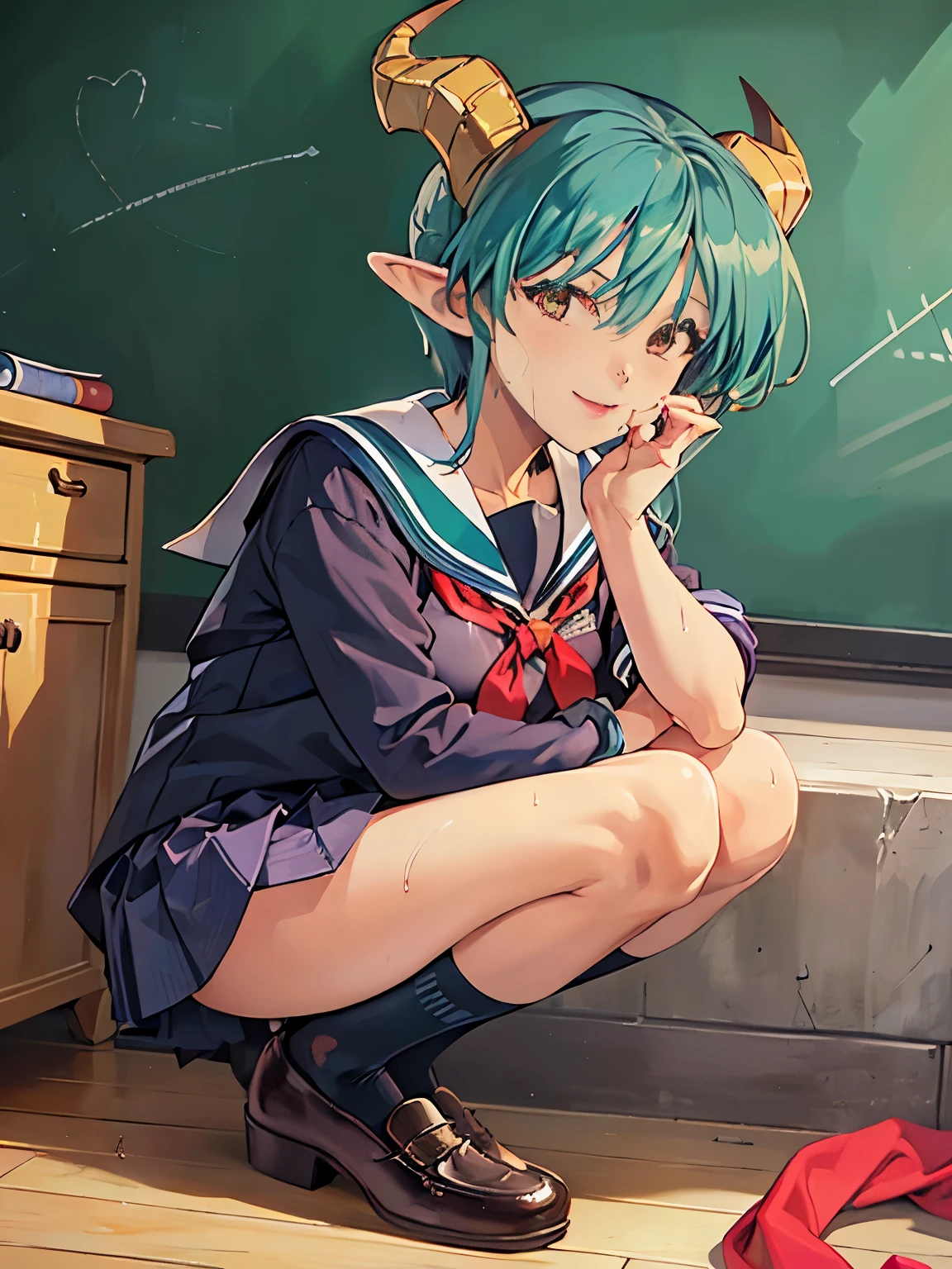 ((highest quality,4K,8K,High resolution,masterpiece:1.2,super detailed,realistic,photorealistic,photo-realistic:1.37)),((A female devil wearing a sailor suit)),20th generation,perfect face,((huge tit)),(full body),((Wet skin)),(Green hair,short cut,horn),(flushed face,Flushed body),(from front), look at viewer,full body,Classroom after school,(school uniform,Baggy socks,school festival shoes)