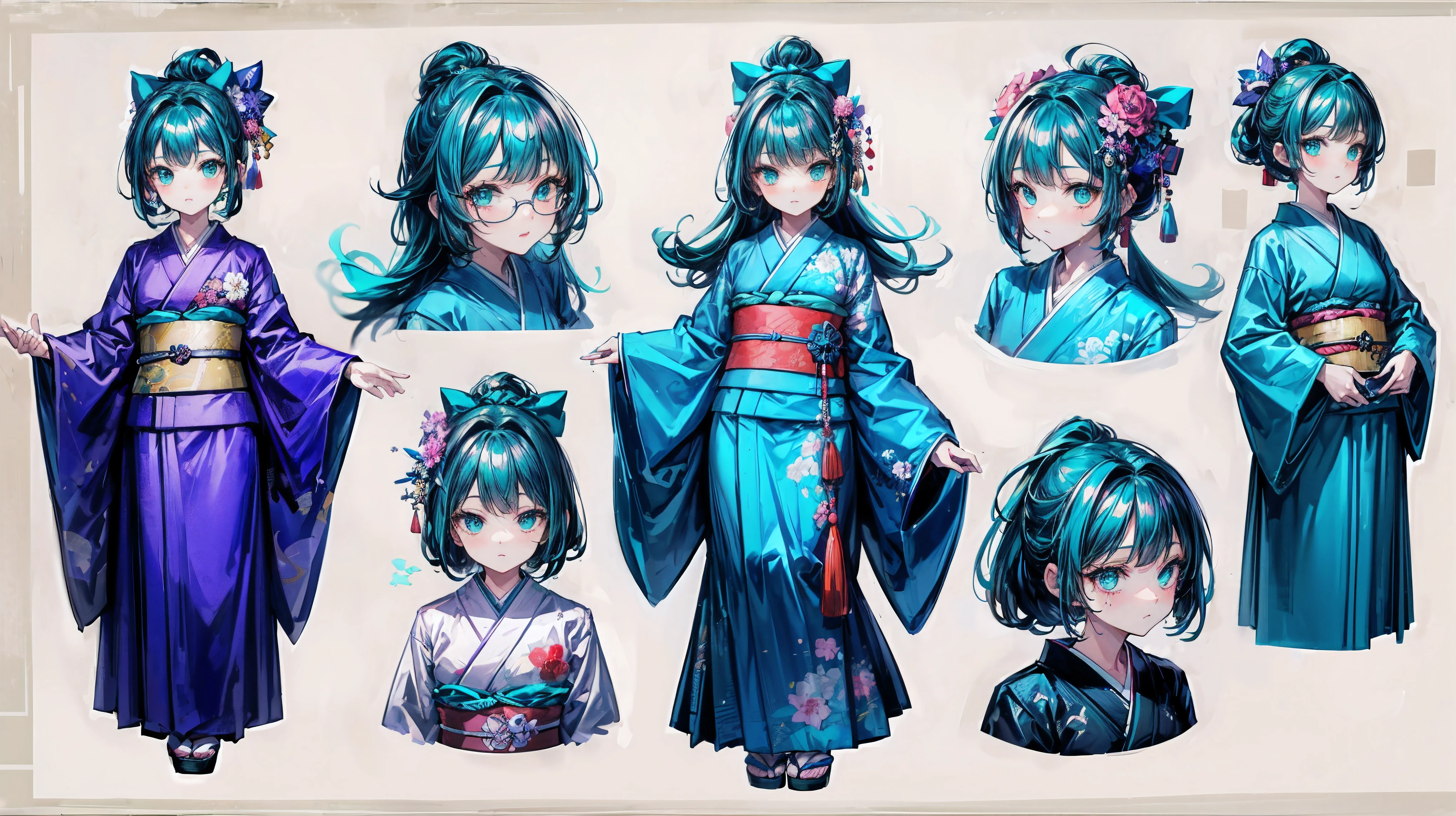 ((masterpiece, best quality)), Detailed face, Exquisite and beautiful eyes, character table, whole body, Anatomically correct body,
1 girl, (A 7 year old girl:1.2), Very young little girl, black hair, hair accessories, thick hair, (Girl in teal cotton kimono:1.2), cotton kimono, cotton kimono, Wet cotton texture, Detailed texture, Colorful kimono, sash, The best wrinkles, real wrinkles, best shade,
full of details, Various poses and expressions, Very detailed, depth, Many parts,8K resolution