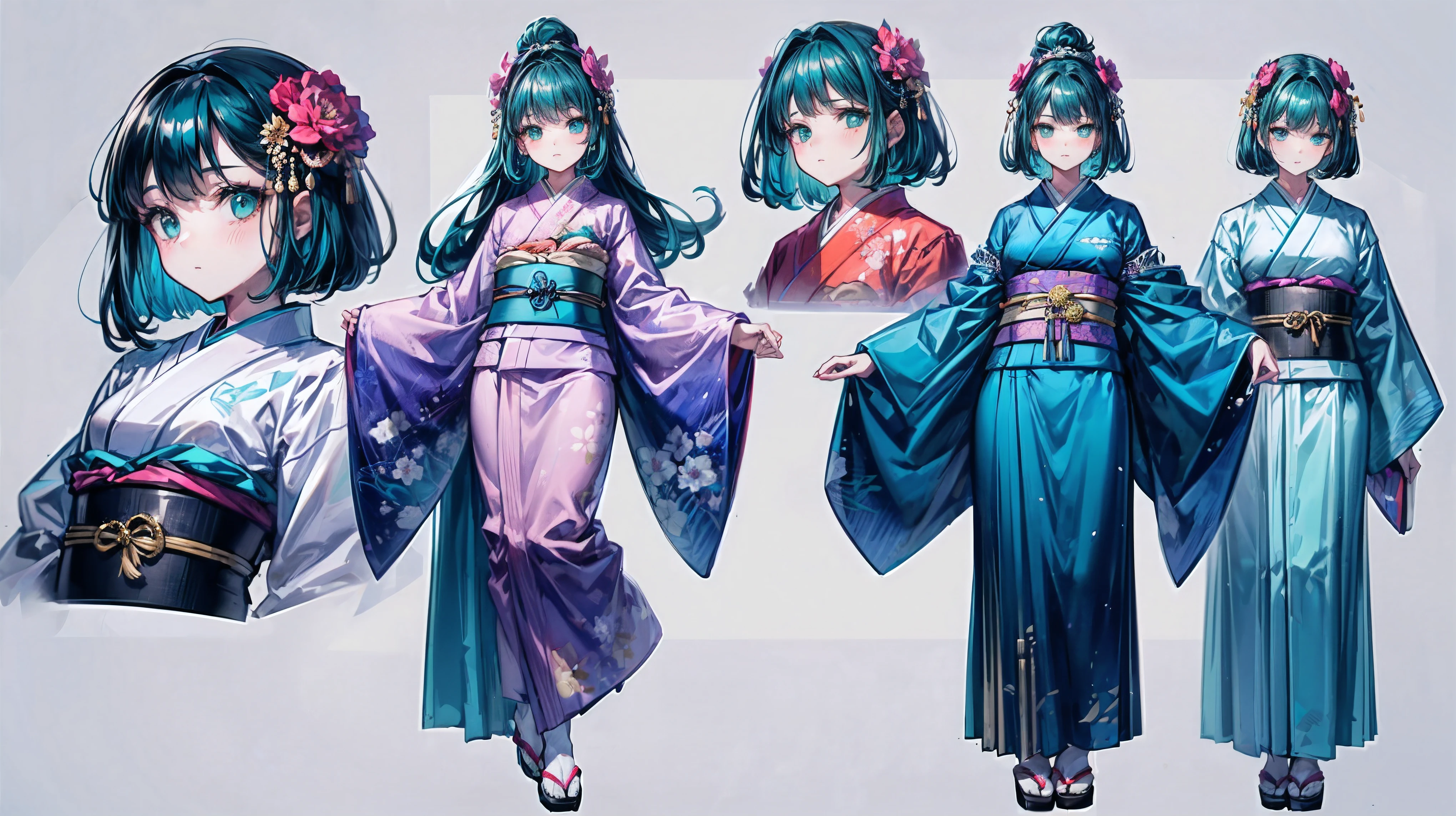 ((masterpiece, best quality)), Detailed face, Exquisite and beautiful eyes, character table, whole body, Anatomically correct body, 
1 girl, (A 7 year old girl:1.2), Very young little girl, black hair, hair accessories, thick hair, (Girl in teal cotton kimono:1.2), cotton kimono, cotton kimono, Wet cotton texture, Detailed texture, Colorful kimono, sash, The best wrinkles, real wrinkles, best shade, 
full of details, Various poses and expressions, Very detailed, depth, Many parts,8K resolution