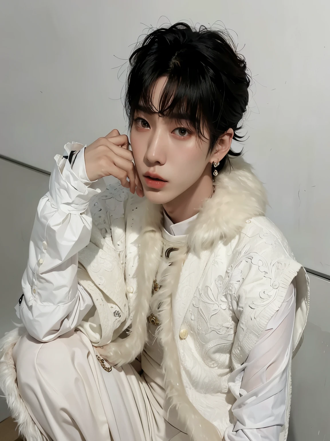 Hombre araffed en traje blanco sentado en el suelo con la mano en la barbilla, cai xukun, kim doyoung, Jinyoung Shin, hyung tae, sakimichan, pintar ulzzang, hong junio hyung, inspirado en Bian Shoumin, Jung Jaehyun, TaeJune Kim, yoongi de pelo negro, jungkook, shin jeongho, seson yoon