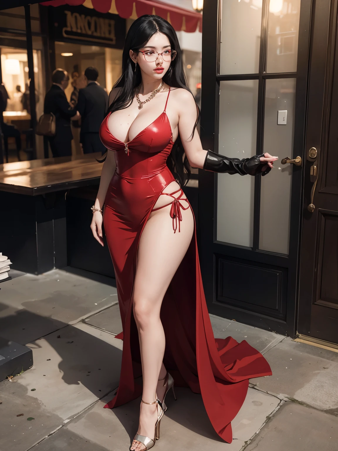 Big breasted woman with great style, exuding confidence, wearing a chic red dress that hugs her curves, high heels adding to her allure. Long black hair cascades down in soft waves, framing her face as she puts on stylish glasses. Sexually charged atmosphere, faint scent of jasmine in the air.
slave market bazaar, sensual whispers filling the air, chain clinking against metal floor, barely clad bodies on display. She, a vision of despite, with her powerful gaze, processing her deep-seated sexual desire. Eye contact intense, a silent conversation passing between the interested parties.