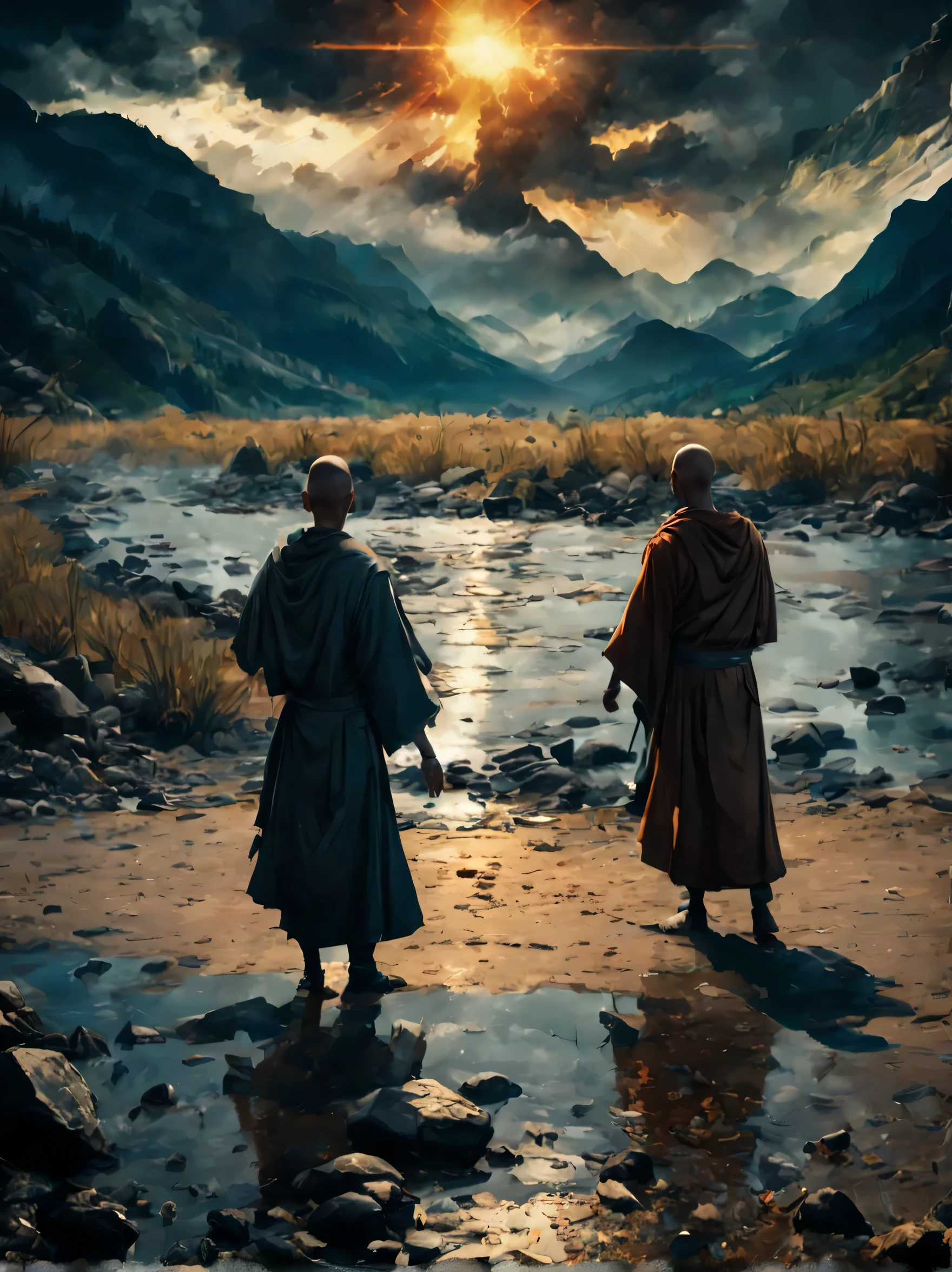 A visual representation of two monks approaching a river, with a young woman standing on the shore, waiting to cross., hyperdetailed, smoke, sparks, sunbeams, (8k), realistic, symmetrical, award-winning, cinematic lightning, soaked, film, 75mm, scratches, full body shot, close-up, torn and dirty clothes, detailed face,