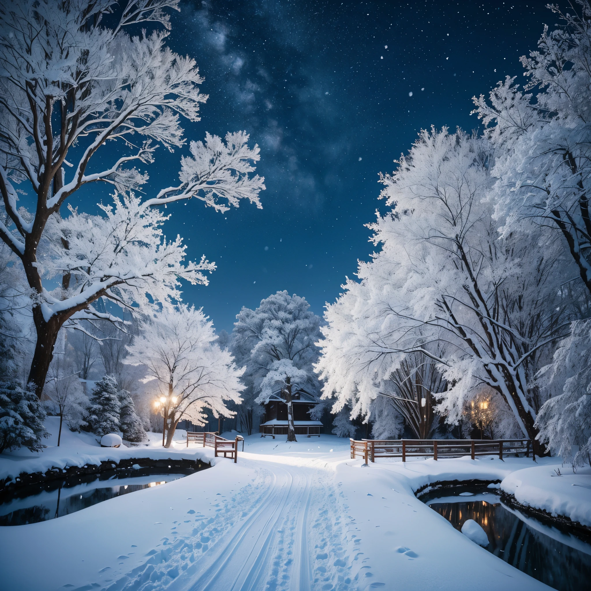 Real landscape shooting, master-level shooting, this is a beautiful snow scene, the village is covered with heavy snow, white camphor trees, ice flowers, many bungalows and trees are covered with thick snow, the snowflakes dance under the illumination of orange street lights, the background is blue , the perspective is surreal, the angle is super wide, the photography is bright and soft, the artistic conception is beautiful, high definition, 8k