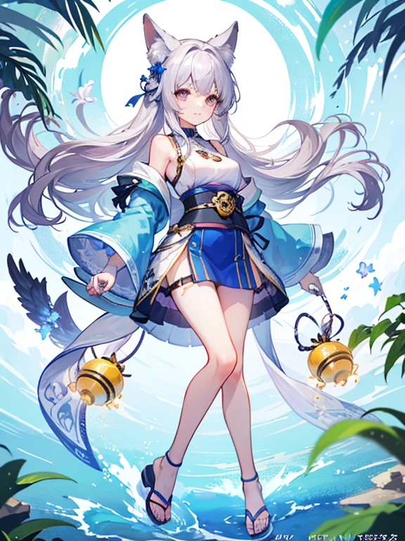 ((highest quality)), ((masterpiece)), (be familiar with), perfect face, one girl、cute、Noble、15 years old、big breasts、breasts、small face、baby face、long hair、silky hair、Habitual hair、Braid in one place、bluish silver hair、light blue kimono、Sheer clothes、summer clothes、Sleeveless kimono、extremely short bamboo miniskirt、Full body figure、つま先から頭のてっぺんまでのFull body figure、足先から頭までのFull body figure、fox ears、No underwear、Zori sandals、Focus on the person、