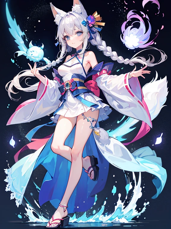 ((highest quality)), ((masterpiece)), (be familiar with), perfect face, one girl、cute、15 years old、big breasts、breasts、small face、baby face、long hair、silky hair、Habitual hair、Braid in one place、bluish silver hair、kimono、Sheer clothes、summer clothes、Clothes without sleeves、extremely short bamboo miniskirt、Full body figure、つま先から頭のてっぺんまでのFull body figure、足先から頭までのFull body figure、fox ears、No underwear、Zori sandals、