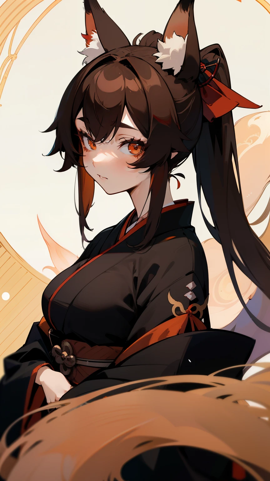 Japanese-style yokai character beast animal ears Fox-eared witch,(highest quality:1.2)、girl with long brown ponytail、(fox ears)、(fox tail)、shrine、4K resolution、Traditional Japanese kimono like Onmyoji、big breasts、Illustration similar to Genshin、Clothes like Kitasan Black、looking at the camera