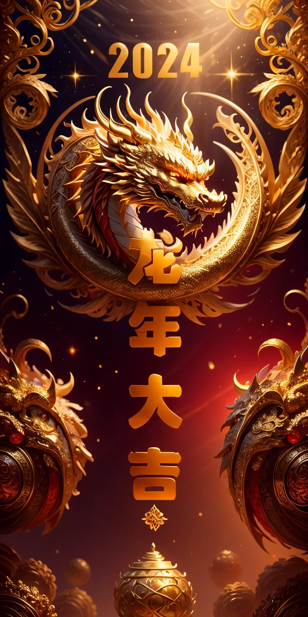 red background, (pure golden chinese dragon occupying a coner of the picture), embellished with chinese New Year elements,scattered gemstones,light and shadow sensation,3d rendering,realistic,