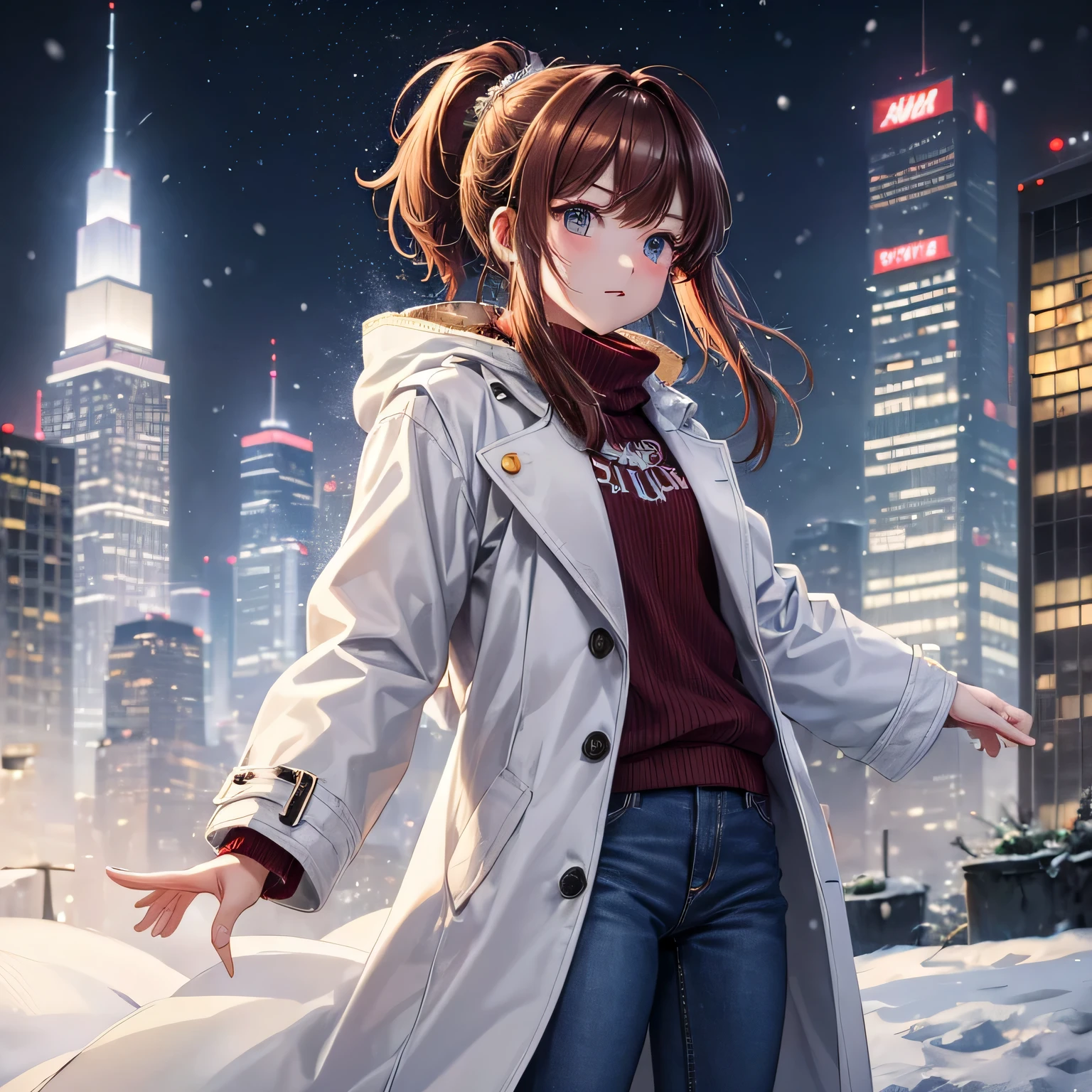 ((night city covered in snow))Skyscraper、OL,20-year-old、,long white coat、jeans、1 girl, princess cut、princess cut, bob cut、medium hair、ponytail、reddish brown hair 、it's snowing、Standing position、free pose、view audience、