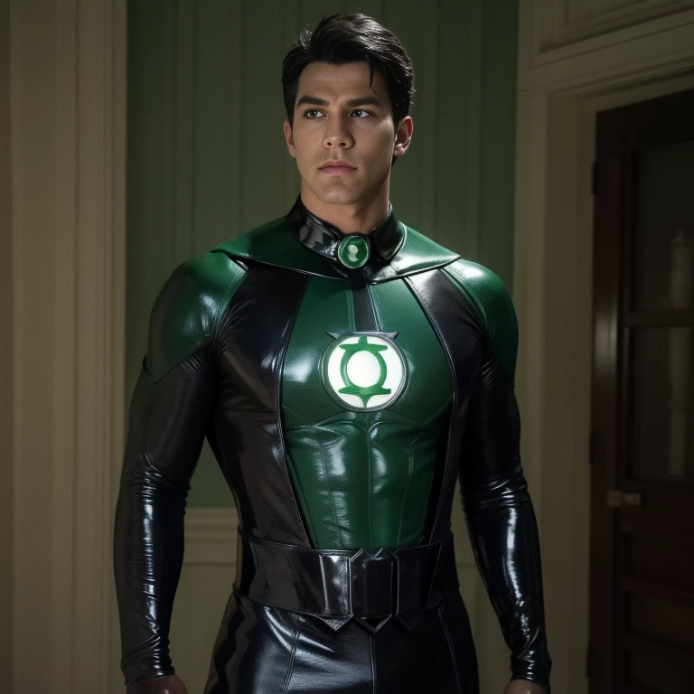 Green Lantern by DC Comics, In the fortress of solitude, Parece legal, (ultra realisticlustration), (high resolution), (8k), (Very detailed), (best illustration), (best quality), (ultra detalhado), (master part), solo, (dinamismo), Dark Studio, traje azul com bandeira do brasil , latex , full length shot
