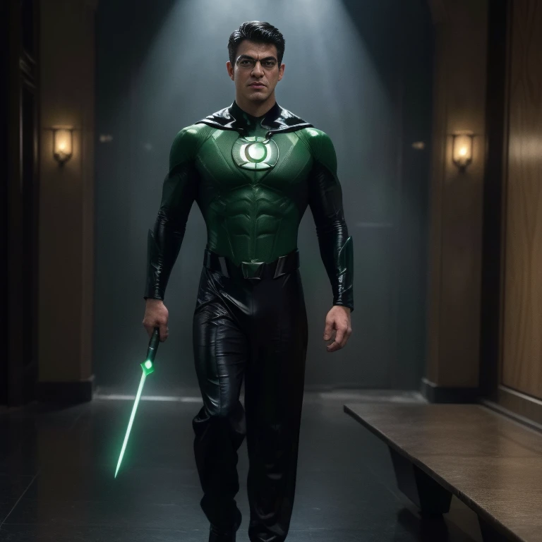 Green Lantern by DC Comics, In the fortress of solitude, Parece legal, (ultra realisticlustration), (high resolution), (8k), (Very detailed), (best illustration), (best quality), (ultra detalhado), (master part), solo, (dinamismo), Dark Studio, traje azul com bandeira do brasil , latex , full length shot