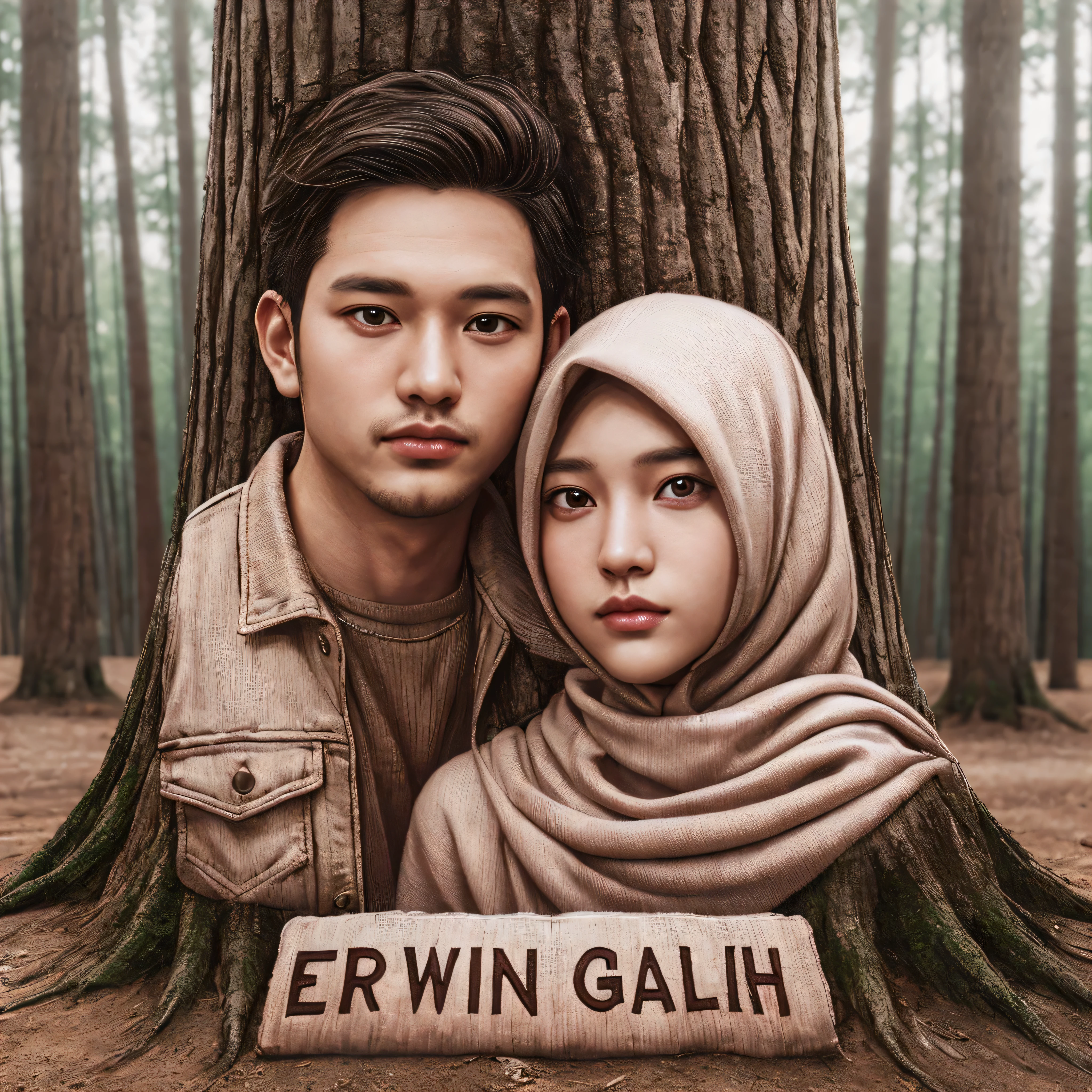 arafed image of a couple in a forest with a sign, photorealistic!!!!!!! art style, realism artstyle, highly detailed photo portrait, couple portrait, close up potrait, realistic cartoon, foto realistic, potrait, semi realism, in cartoon style, digital art cartoon, realism art, cartoon art, cartoon art style, full protrait, realistic picture