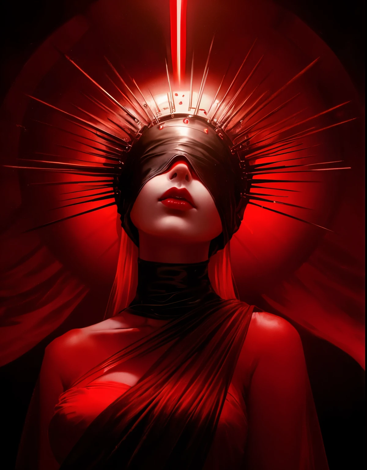 arafed woman with a red light on her face, with a red halo over her head, red and cinematic lighting, cinematic and dramatic red light, natalie shau tom bagshaw, red lighting, arca album cover, atmospheric red lighting, glowing red, devotion to the scarlet woman, darkness aura red light, red adornments, by Ignacy Witkiewicz, eyes covered, blindfolded