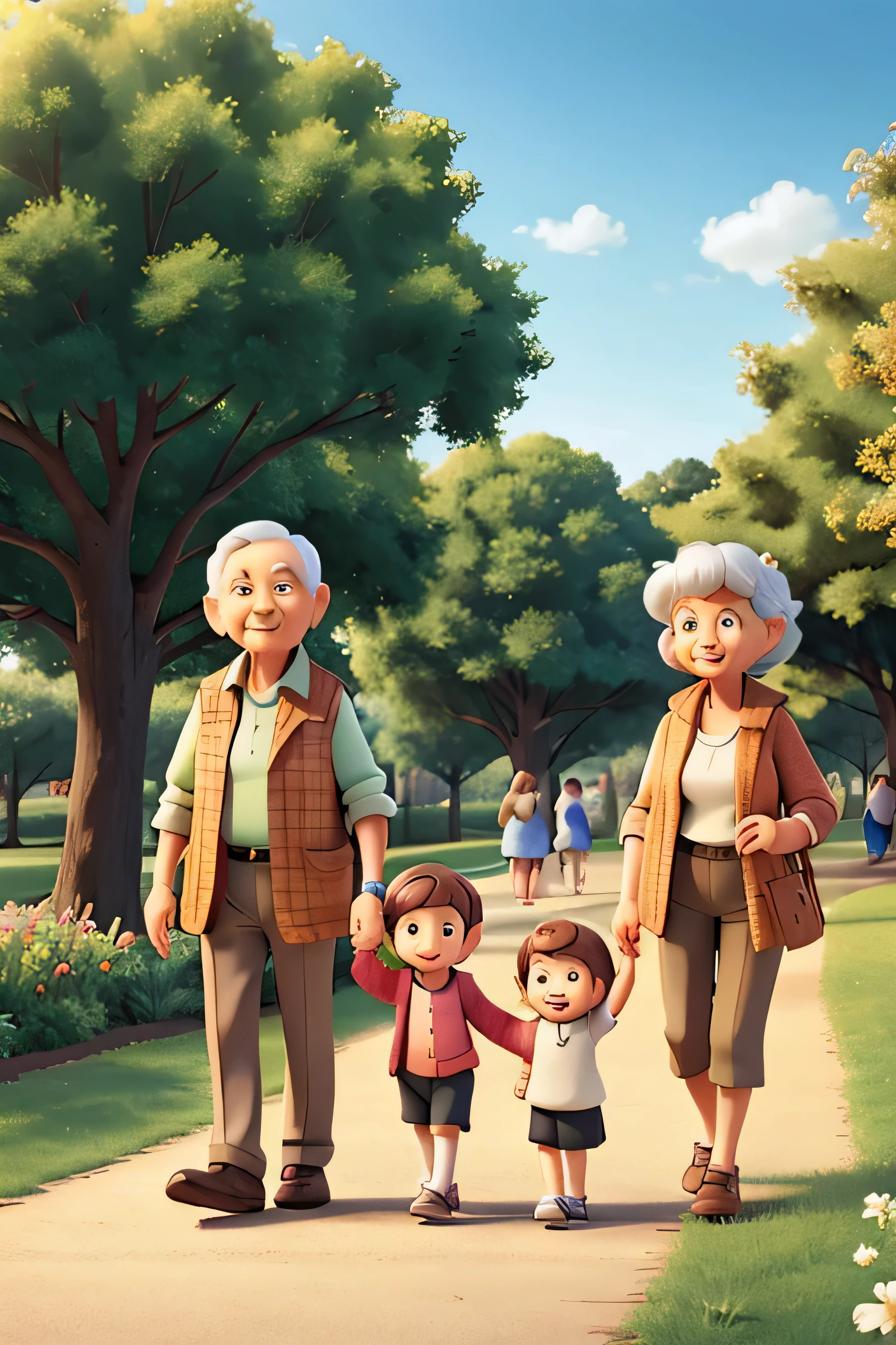 drawing of grandparents walking with two grandchildren in a park
