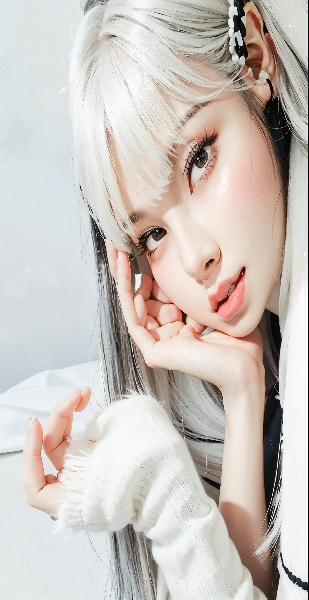 there is a young girl with long hair and a white sweater,blackpink jennie, portrait of jennie from blackpink, long white hair and bangs, shikamimi, white hime cut hairstyle, white bangs, her hair is white, jennie ruby jane,