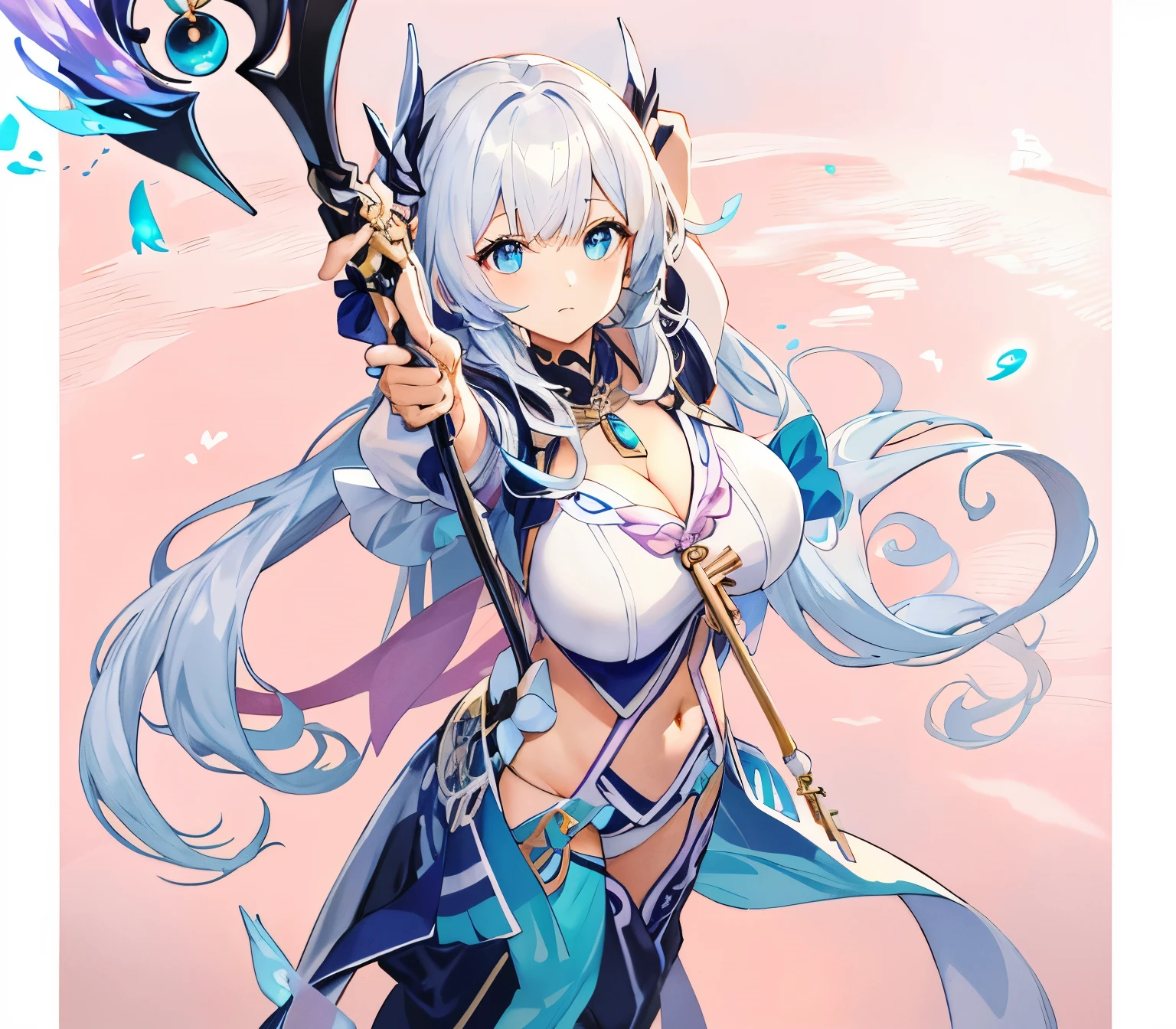 (An adventurous girl with vibrant magical aura),
jingliu, 1girl, white hair, long hair, ponytail, hair ribbon, red eyes, earrings, jewelry, blue dress, bare shoulders, detached sleeves, (holding ice sword:1.5), (hand holding ice sword:1.5), Ice aura, blue aura around character, (huge breast:1.2), miniskirt, short skirt,
standing,
in ancient Chinese town with perfect details and architecture,
masterpiece, best quality, ultra-detailed, 8k resolution, highly realistic,
dramatic lighting and volumetric shadows,
vivid color palette, elegant composition,
dynamic splash art,