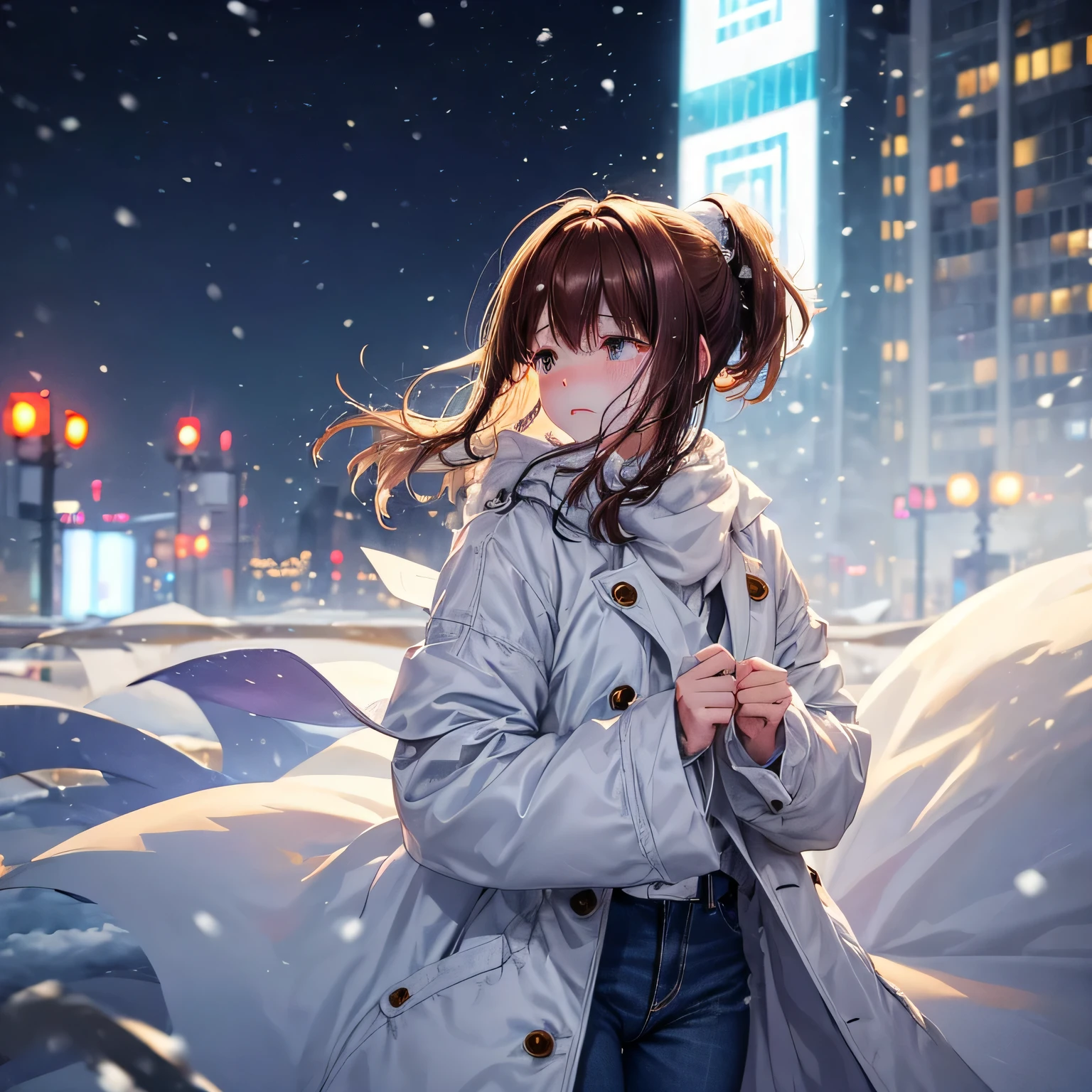 ((night cthaty covered in snow))Skyscraper、OL,20-year-old、,Are crying、long whthate coat、jeans、1 girl, princess cut、princess cut, bob cut、medium hair、ponytail、reddish brown hair 、that'It's snowing、Standing posthation、Are crying姿、view audience、