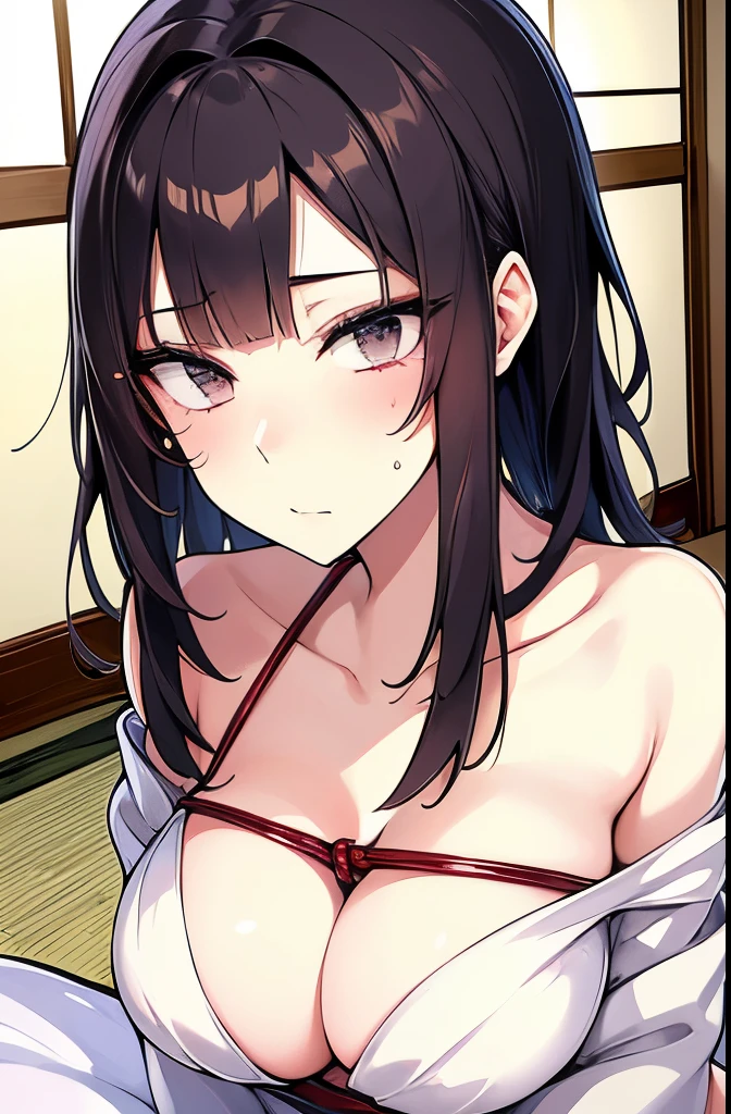 {{Bondage}}, {{Restraint、srestrained]], {{{{shibari over clothes}}}}, {{Open your clothes}}, {{{{White kimono, Red Hakama}}}}, NSFW, One Woman, {{crouching down}}, {{M-shaped legs}}, arm behind back, {sad}, {tearful},irate、 Barefoot, 年轻, {slender}, Long Black Hair, Blunt bangs, {{hair adornments}},, , {{Indoor}}, {{{Japan shrine altar}}}, Cowboy Shot, Facing the front, face perfect, Perfect Anatomy, Convoluted, (Highly detailed),best quality, masterpiece, ultra high res, (photorealistic:1.4), RAW photo