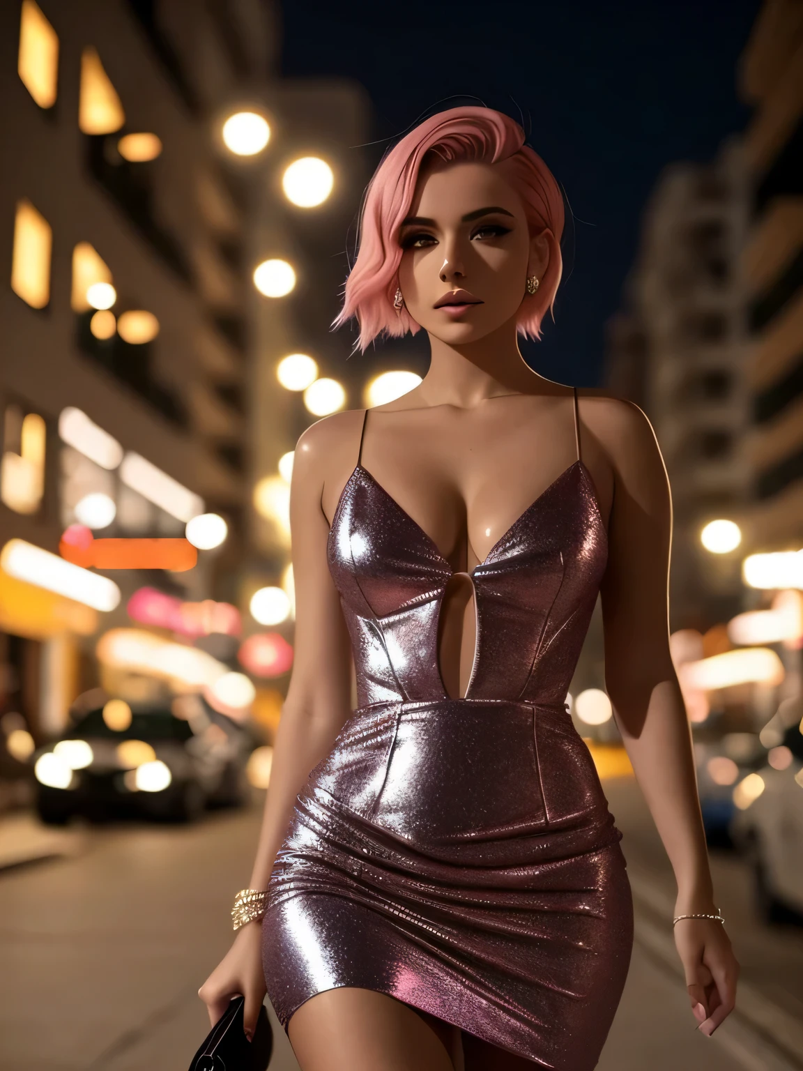 mulher arafed em um vestido prateado andando por uma rua, usando vestido prateado, usando um vestido cintilante, mulher deslumbrante, vestido justo, vestido sexy, vestido skintight, mulher linda, atraente, vestido preto brilhante, Muito atraente, vestido prateado extravagante, usando um vestido elegante, traje apertado, at night time, Beautiful woman, short pink hair, Alexandra Waliszewska