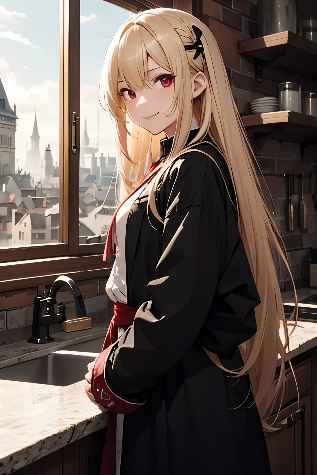 girl(solo)、blonde long hair、tie hair on the side、red eyes、eyepatch、cute、Inappropriate smile、Kitchen two disease、wizard、black long coat、White inner、smart clothes、have a long sword、medieval europe cityscape、towering castle wall、