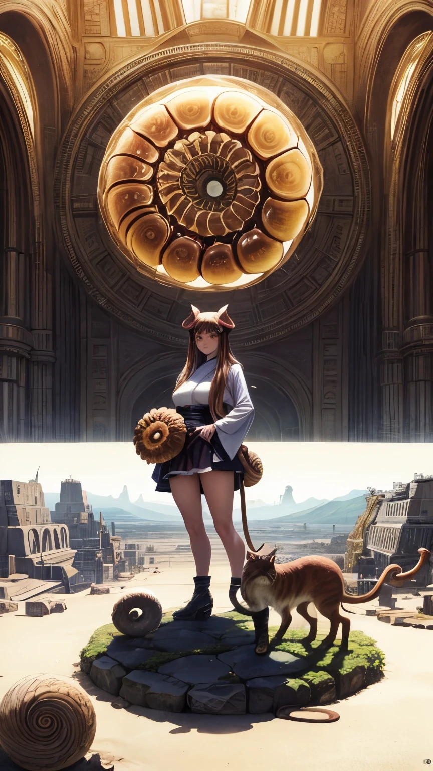 Caramuru Baumgartner, Koloman Moser, Surreal, mysterious, bizarre, fantastical, fantasy, Sci-fi, Japanese anime, giant ammonite shell, ruined city, traveling miniskirt beautiful girl and cat, perfect voluminous body, detailed masterpiece Hyper realistic sharp focus sexy erotic 