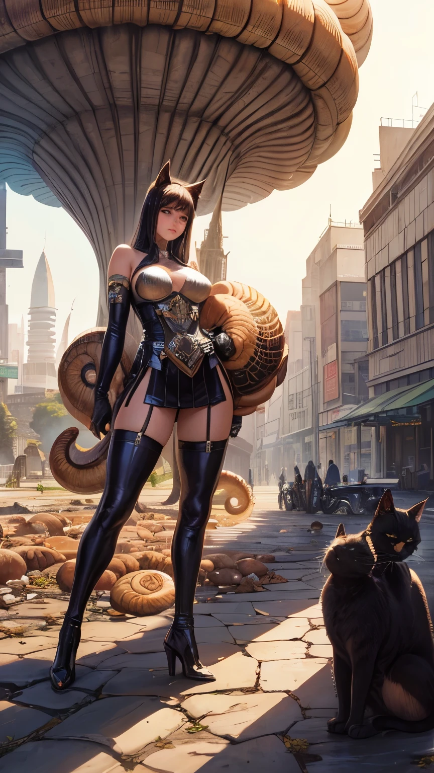 Caramuru Baumgartner, Koloman Moser, Surreal, mysterious, bizarre, fantastical, fantasy, Sci-fi, Japanese anime, giant ammonite shell, ruined city, traveling miniskirt beautiful girl and cat, perfect voluminous body, detailed masterpiece Hyper realistic sharp focus sexy erotic 