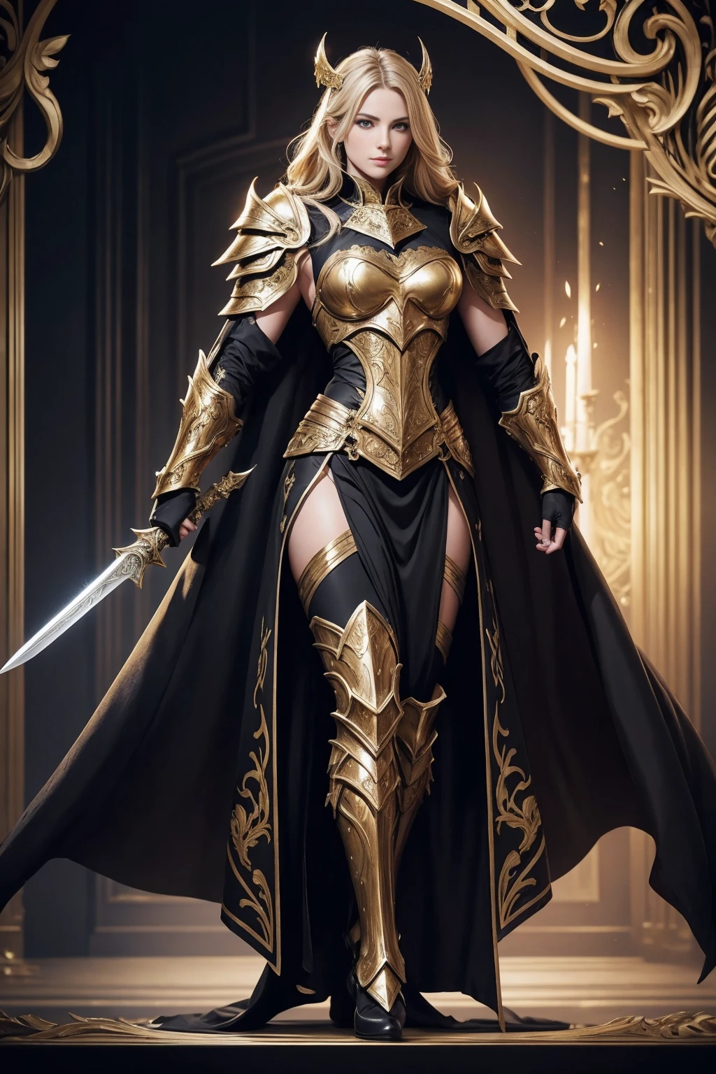 (((full body photo))) 8K,holy knight with sword,Luxurious black and gold very large chest armor(Precisely crafted aristocratic coat of arms),luxury black and gold pants,Super beautiful(like the real thing),ultra high resolution,Super realistic,realistic skin,blonde curl hair,big blue eyes,muscular slim body,cool smile,purple rouge,background,battlefield,luxurious black and gold shoulder armor,luxurious black and gold waist armor,Luxury black and gold foot armor,fantasy art,character art,