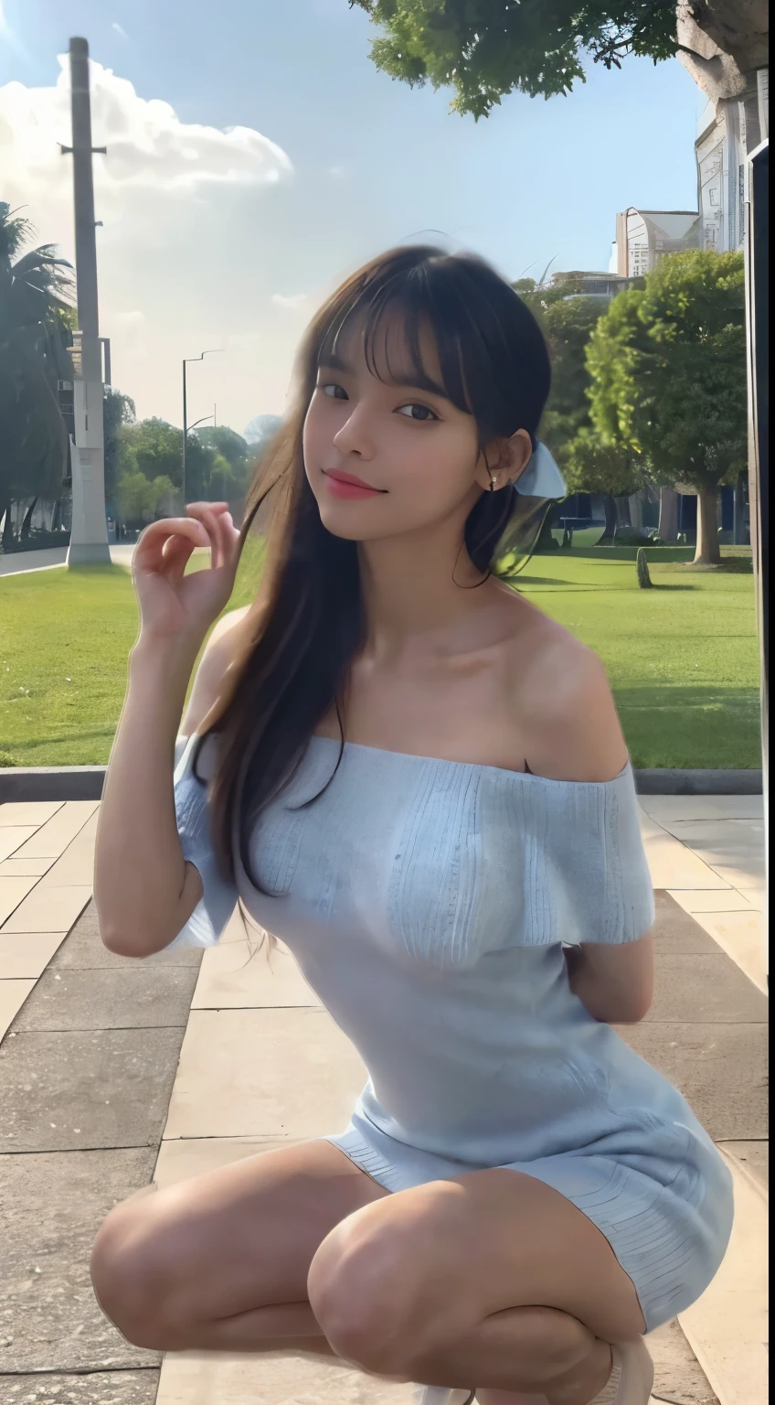 (((masterpiece:1.4,Best Quality1.4,4k, ultra hight reasloution, Physically Based Rendering))),sharp focus,full body portrait,full body shot flat lighting, ultra beautiful sexy girl,very pretty Thailand girl,perfect body1.1,,solo,Detail large light brown eyes,(((black ultra long hair1.1,hair tied low:1.5,hair behind ears,bangs)))(( A strong wind blowing her hair:1.4)),Highly detailed facial an skin Lazuli white,Slender beayty:1.4,((blue knit ultra mini dress,off shoulder1.5,sleeveless:1.4)),((dress lift:1.5)),small breasts:1.5)),(breast exposed:1.6),Small areola,slim abs, narrow waist,(((no panties))),(Detail Beautiful Pussy),(slim and long beauty legs),no make up,Clear facial features,(Cute smile)Looking at viewer,hands on hip,(facing forward:1.4),(front view),(from below1.5),(squatting:1.1,spread legs wide:1.3), daylight,in a park.