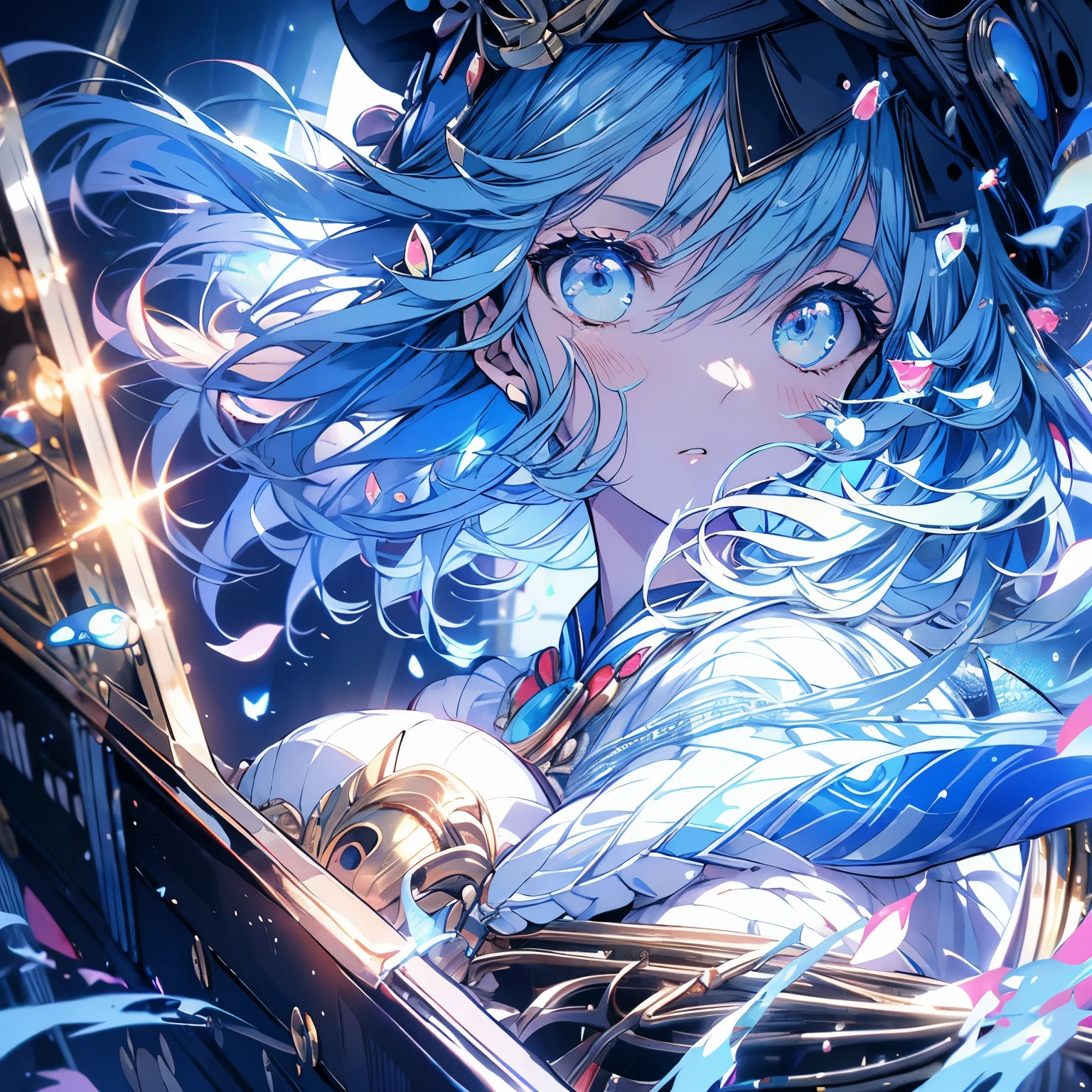 highest quality、masterpiece、anime girl、Brass band club、((piano))、serious face、Upper body、light blue hair、beret