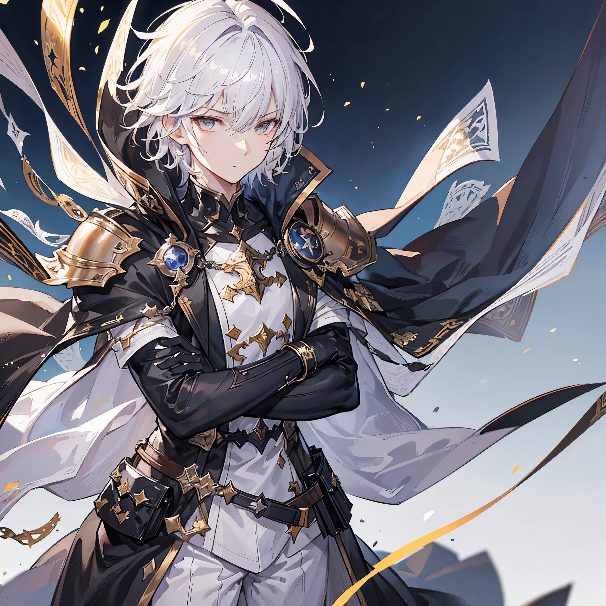 Handsome male, , short white hair, shining golden eyes, lucilius from granblue fantasy, close up, calm expression, stoic, black military clothes, black cape, black gloves, crossed arms, upper body, looking at viewer, cowboy shot, black castle background
