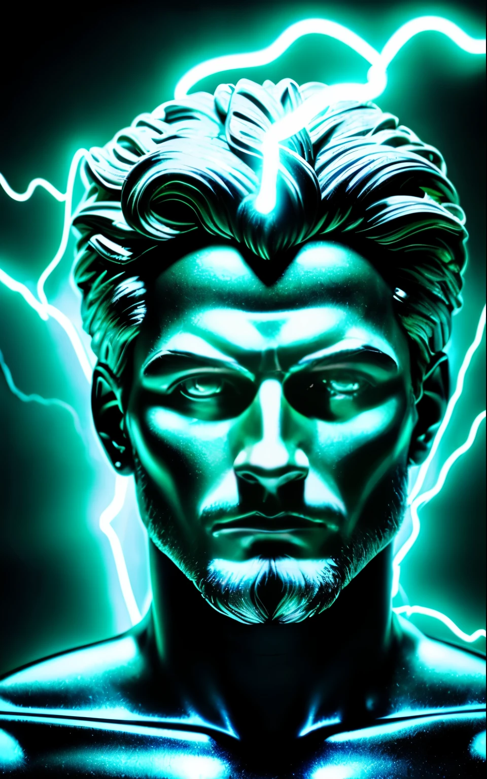 (neon lightning around the head:1.1), monumento, (head close-up), epic scene of zeus, lightning, foco nítido, fantasia, arte conceitual, dynamic lighting, Epic composition, estilo Michelangelo,preto e branco