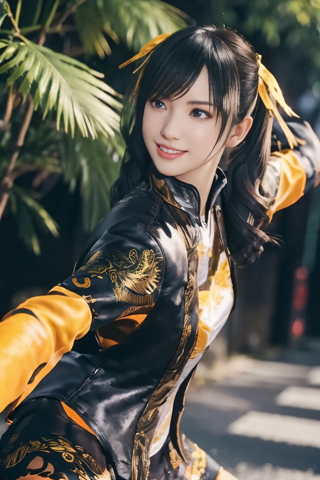 Tekken Xiaoyu,masterpiece、1 kawaii girl、-yeld hischool stne eyes、puffy eyes、Bright outdoor,Bright downtown、highest quality, 超High resolution, (reality: 1.4), movie lighting、Japanese、asian beauty、Korean、super beautiful、beautiful skin、body facing forward、whole body,Upper body、(超reality的な)、(High resolution)、(8K)、(very detailed)、(美しくfine eyes)、(Super detailed)、 (wall-)、detailed face、bright lighting、professional lighting、looking at the viewer、look straight ahead、slanted bangs、brown hair、Nogizaka idol、