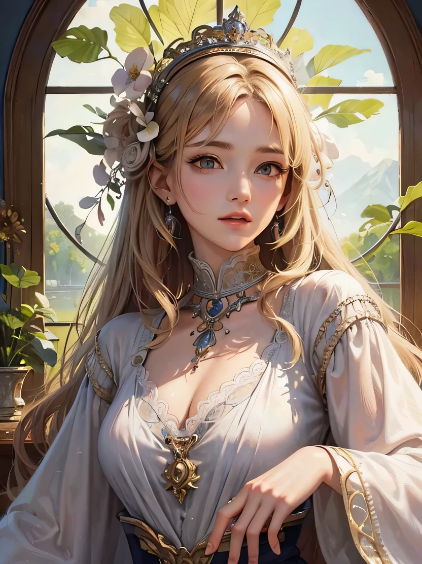 ((masterpiece、highest quality、genuine、Super detailed、High resolution、photogenuineistic、sharp focus、genuineistic photo、Live shooting、cinematic lighting))、Portrait of a European woman face、3/5 shot、long curly hair、blonde、tarot card images、floral frame、decorative panel、Artistic、Influence of Alphonse Mucha、splash of color、line drawing、fibonacci、view audience、watercolor style