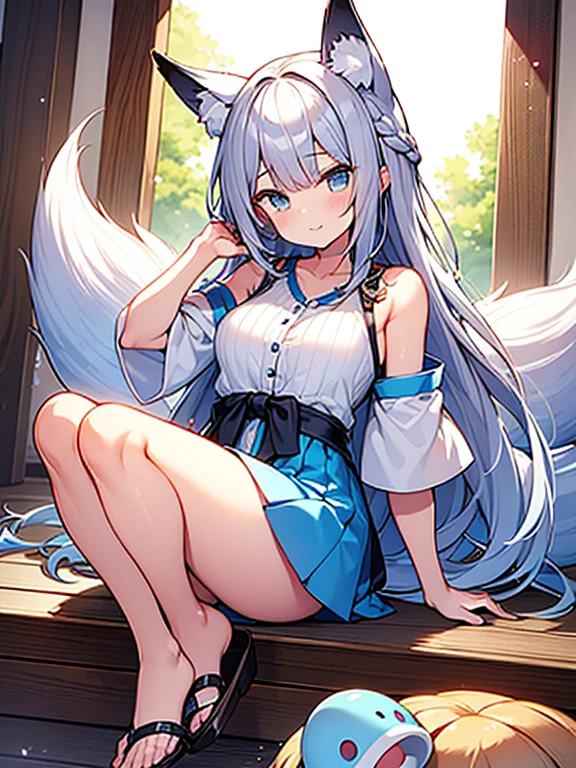 ((highest quality)), ((masterpiece)), (be familiar with), perfect face, one girl、cute、Noble、、big breasts、breasts、small face、baby face、loilky hair、Habitual hair、Braid in one place、bluish silver hair、pale blue jinbei、Sheer clothes、Jinbei without sleeves、extremely short bamboo miniskirt、Full body figure、つま先から頭のてっぺんまでのFull body figure、足先から頭までのFull body figure、fox ears、No underwear、Zori sandals、Focus on the person、