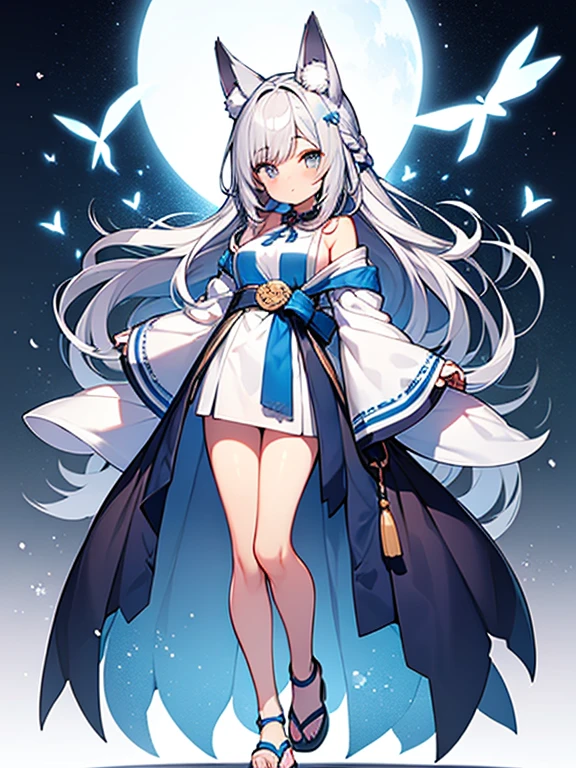 ((highest quality)), ((masterpiece)), (be familiar with), perfect face, one girl、cute、Noble、15 years old、big breasts、breasts、small face、baby face、long hair、silky hair、Habitual hair、Braid in one place、bluish silver hair、pale blue jinbei、Sheer clothes、Jinbei without sleeves、extremely short bamboo miniskirt、Full body figure、つま先から頭のてっぺんまでのFull body figure、足先から頭までのFull body figure、fox ears、No underwear、Zori sandals、Focus on the person、