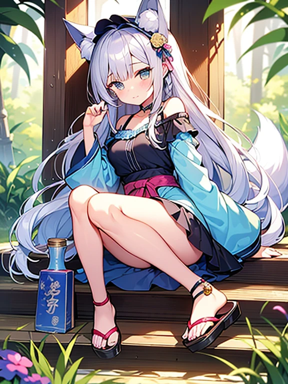 ((highest quality)), ((masterpiece)), (be familiar with), perfect face, one girl、cute、Noble、15 years old、big breasts、breasts、small face、baby face、long hair、silky hair、Habitual hair、Braid in one place、bluish silver hair、pale blue jinbei、Sheer clothes、Jinbei without sleeves、extremely short bamboo miniskirt、Full body figure、つま先から頭のてっぺんまでのFull body figure、足先から頭までのFull body figure、fox ears、No underwear、Zori sandals、Focus on the person、