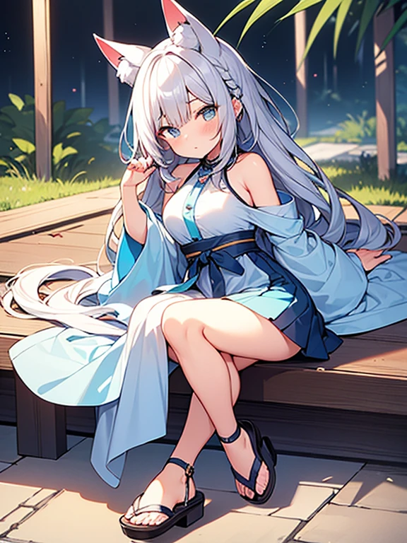 ((highest quality)), ((masterpiece)), (be familiar with), perfect face, one girl、cute、Noble、15 years old、big breasts、breasts、small face、baby face、long hair、silky hair、Habitual hair、Braid in one place、bluish silver hair、pale blue jinbei、Sheer clothes、Jinbei without sleeves、extremely short bamboo miniskirt、Full body figure、つま先から頭のてっぺんまでのFull body figure、足先から頭までのFull body figure、fox ears、No underwear、Zori sandals、Focus on the person、