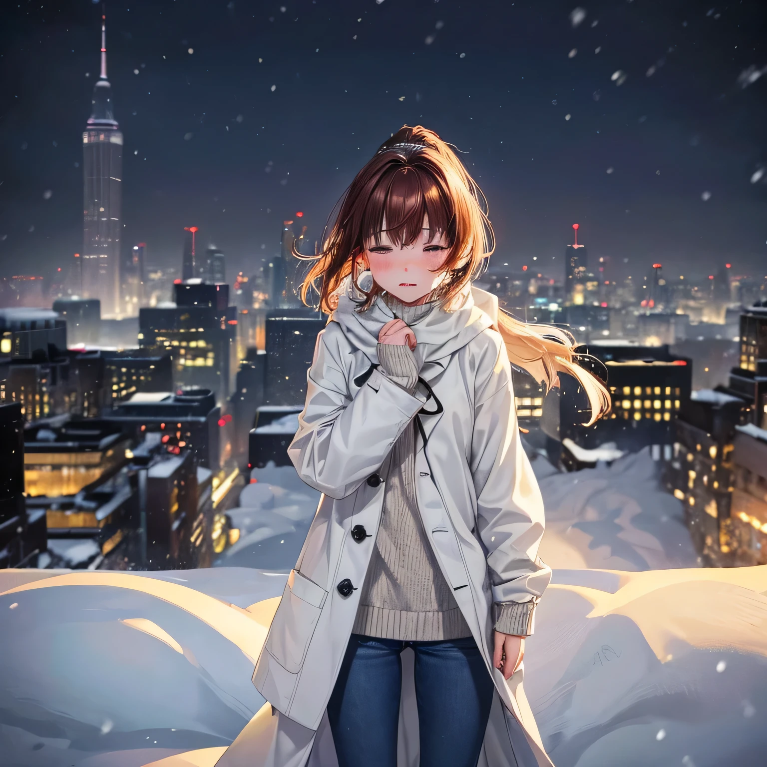 ((snowy night))Skyscraper、OL,20-year-old、,Are crying、long white coat、jeans、1 girl, princess cut、princess cut, bob cut、medium hair、ponytail、reddish brown hair ,that'It's snowing、standing pose、Are crying姿、view audience、Beige knit sweater、