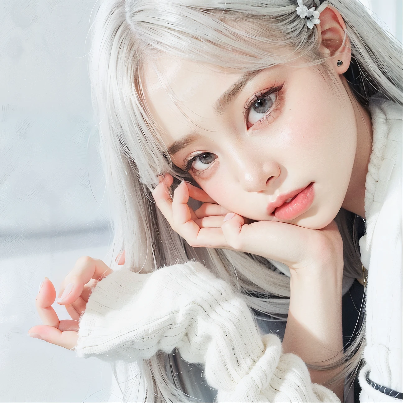 there is a young girl with long hair and a white sweater,blackpink jennie, portrait of jennie from blackpink, long white hair and bangs, shikamimi, white hime cut hairstyle, white bangs, her hair is white, jennie ruby jane, plump lips, small nose, baby nose