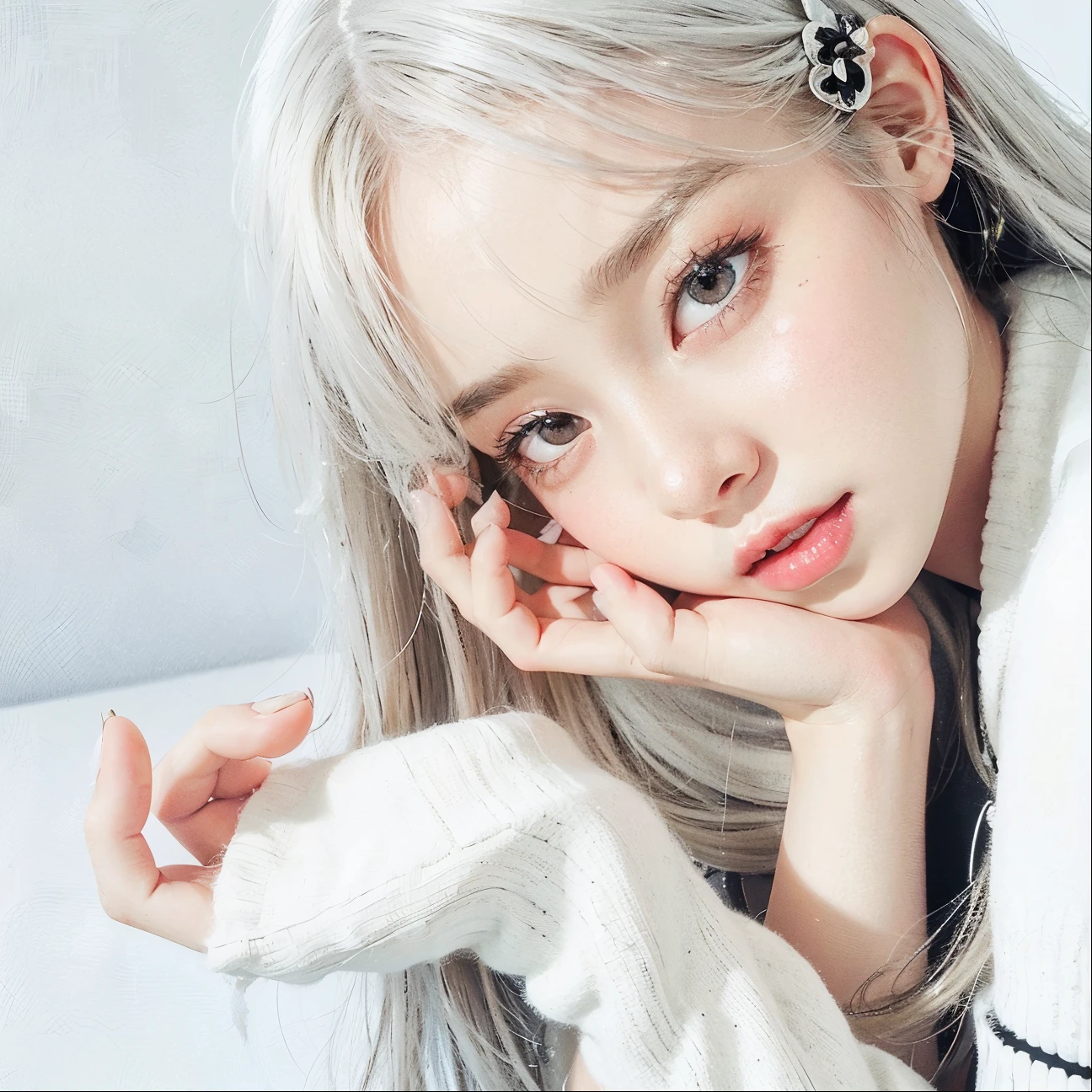there is a young girl with long hair and a white sweater,blackpink jennie, portrait of jennie from blackpink, long white hair and bangs, shikamimi, white hime cut hairstyle, white bangs, her hair is white, jennie ruby jane, plump lips, small nose, baby nose