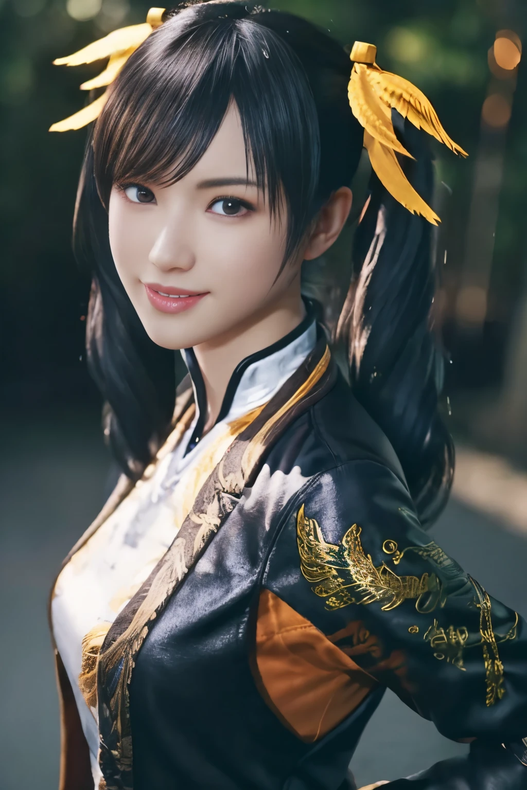 Tekken Xiaoyu,masterpiece、1 kawaii girl、-yeld hischool stne eyes、puffy eyes、Bright outdoor,Bright downtown、highest quality, 超High resolution, (reality: 1.4), movie lighting、Japanese、asian beauty、Korean、super beautiful、beautiful skin、body facing forward、whole body,Upper body、(超reality的な)、(High resolution)、(8K)、(very detailed)、(美しくfine eyes)、(Super detailed)、 (wall-)、detailed face、bright lighting、professional lighting、looking at the viewer、look straight ahead、slanted bangs、brown hair、Nogizaka idol、