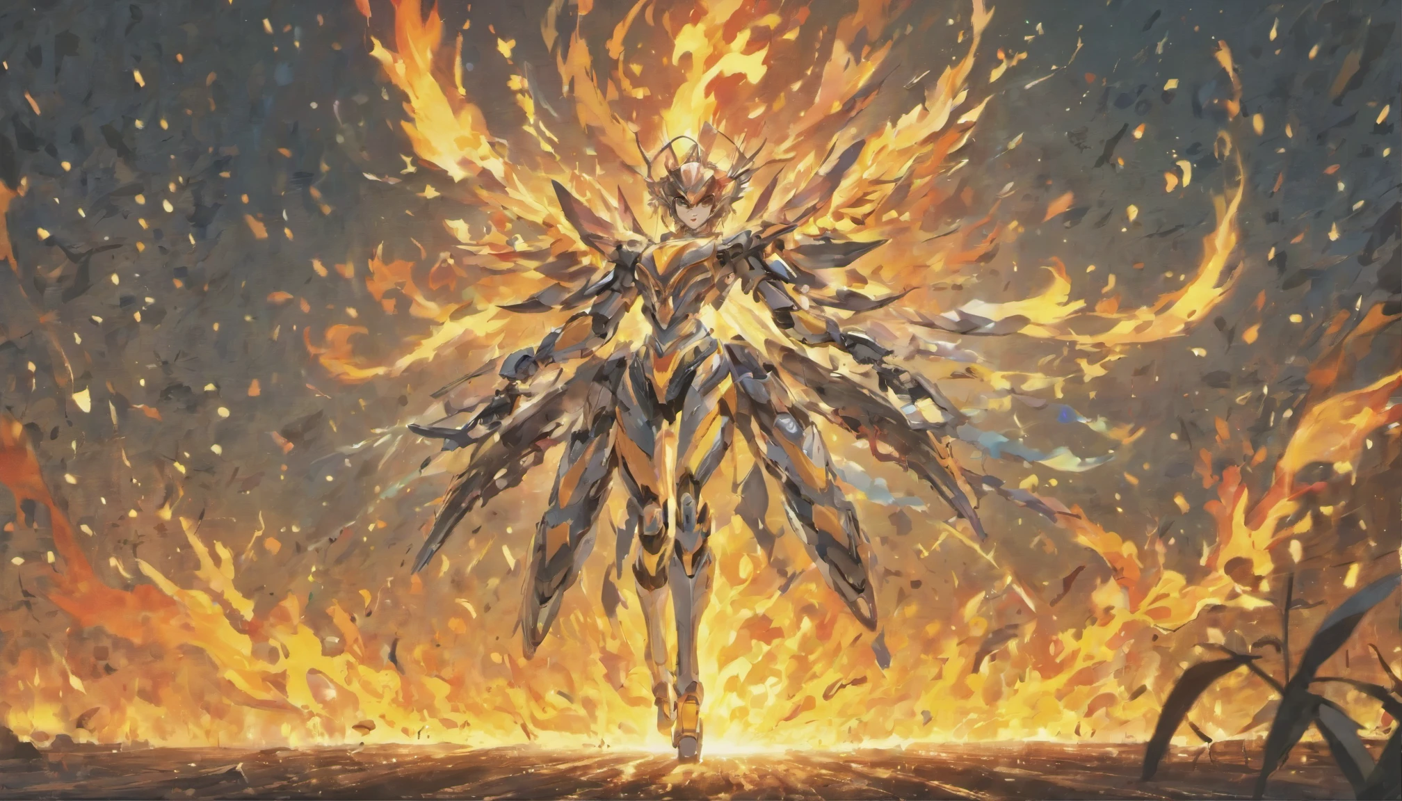 the robot exhales flames and smoke from its mouth, a stream of flame from the robot's mouth, field, the forest, summer sunny landscape