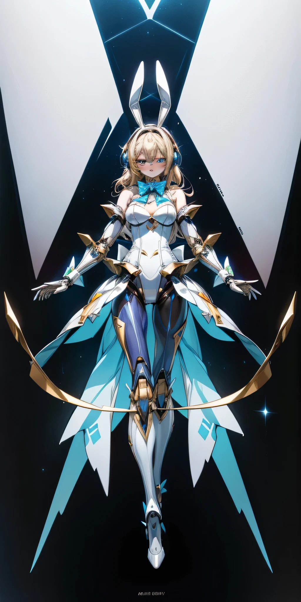 highest quality、unity 8k wallpaper、32K、masterpiece、Super detailed、ultra high resolution、cyborg bunny girl、android、バニースーツを着たandroid、rabbit ears headband headset、silk blue bunny suit、mechanical bow tie、mechanical cufflinks、mechanical joint、mechanical limbs、stiletto feet