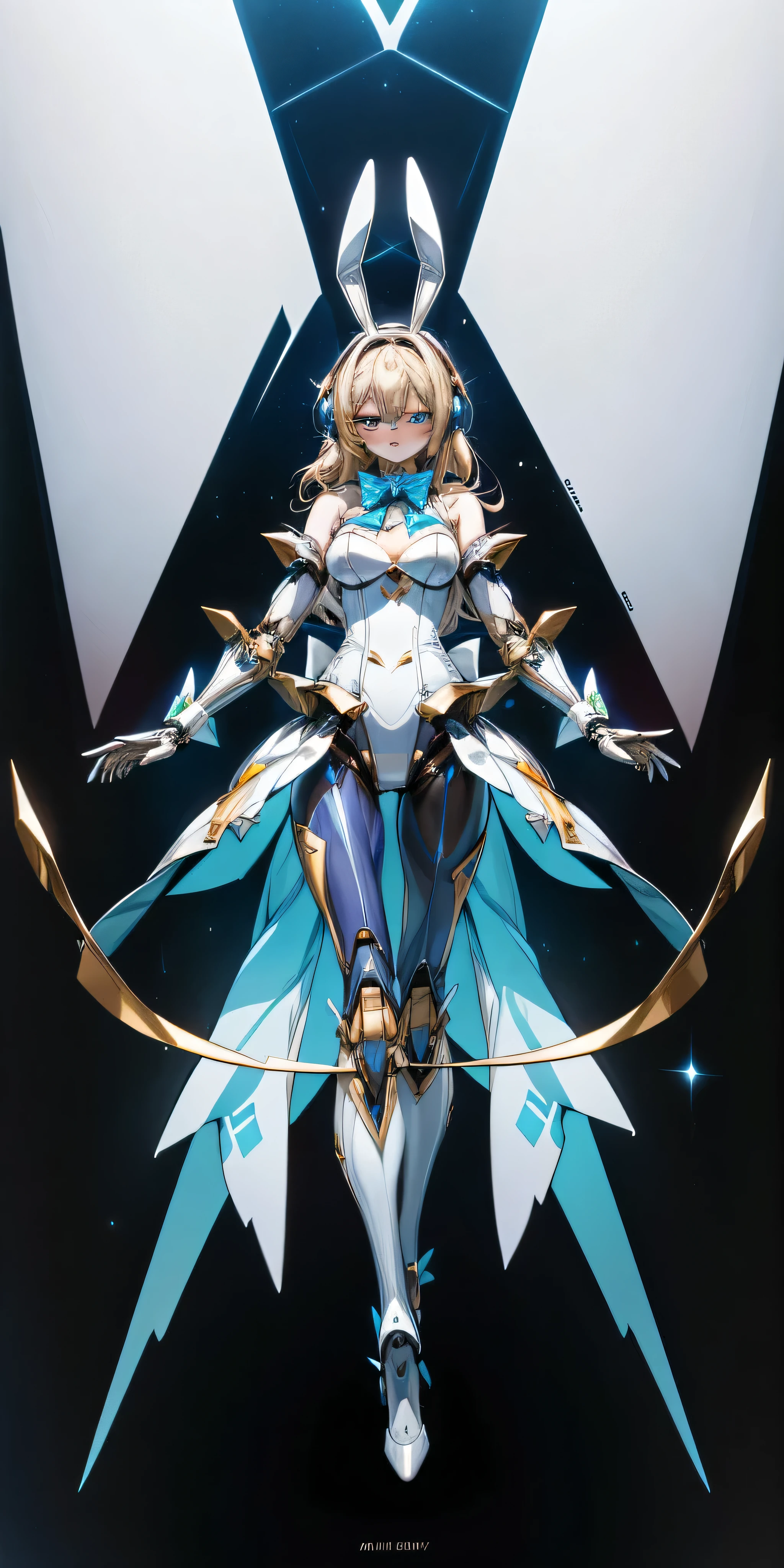 highest quality、unity 8k wallpaper、32K、masterpiece、Super detailed、ultra high resolution、cyborg bunny girl、android、バニースーツを着たandroid、rabbit ear headband headset、silk blue bunny suit、mechanical bow tie、mechanical cufflinks、mechanical joint、mechanical limbs、stiletto feet